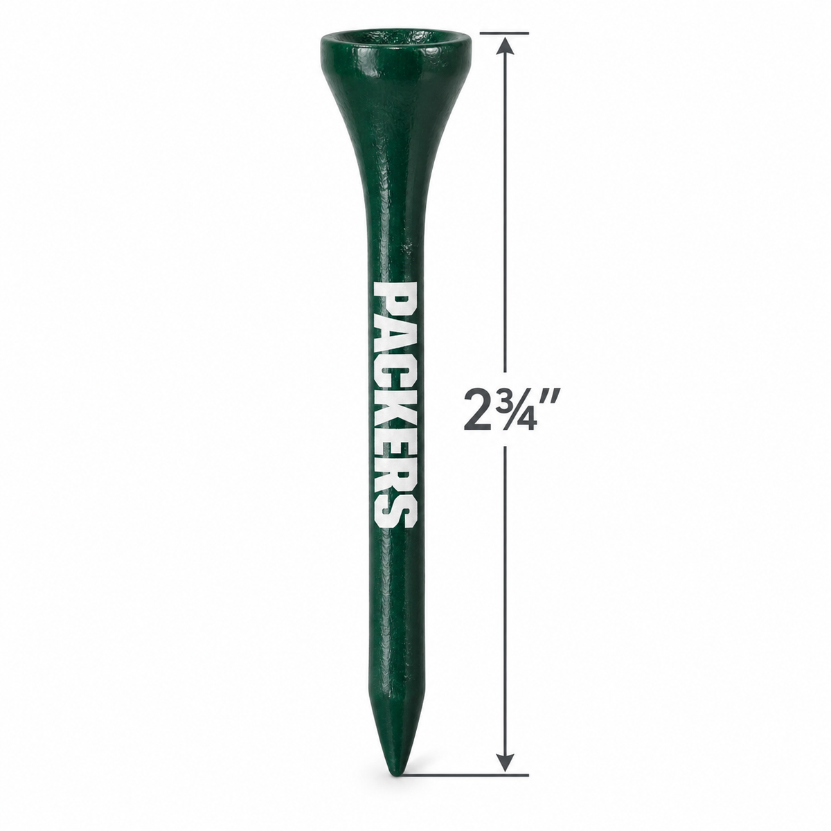 Green Bay Packers golf tee with a 2¾-inch height measurement.
