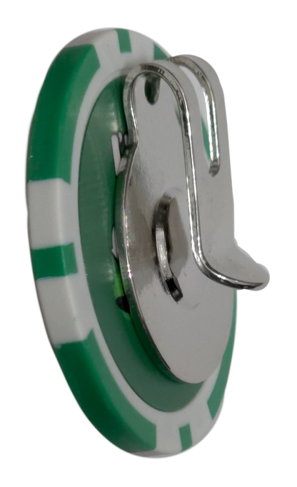 Green and silver plastic hook on a white background