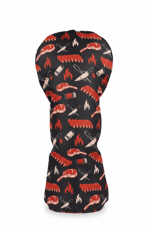 Three golf club head covers with barbecue pattern on a white background