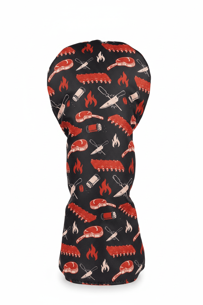 Three golf club head covers with barbecue pattern on a white background