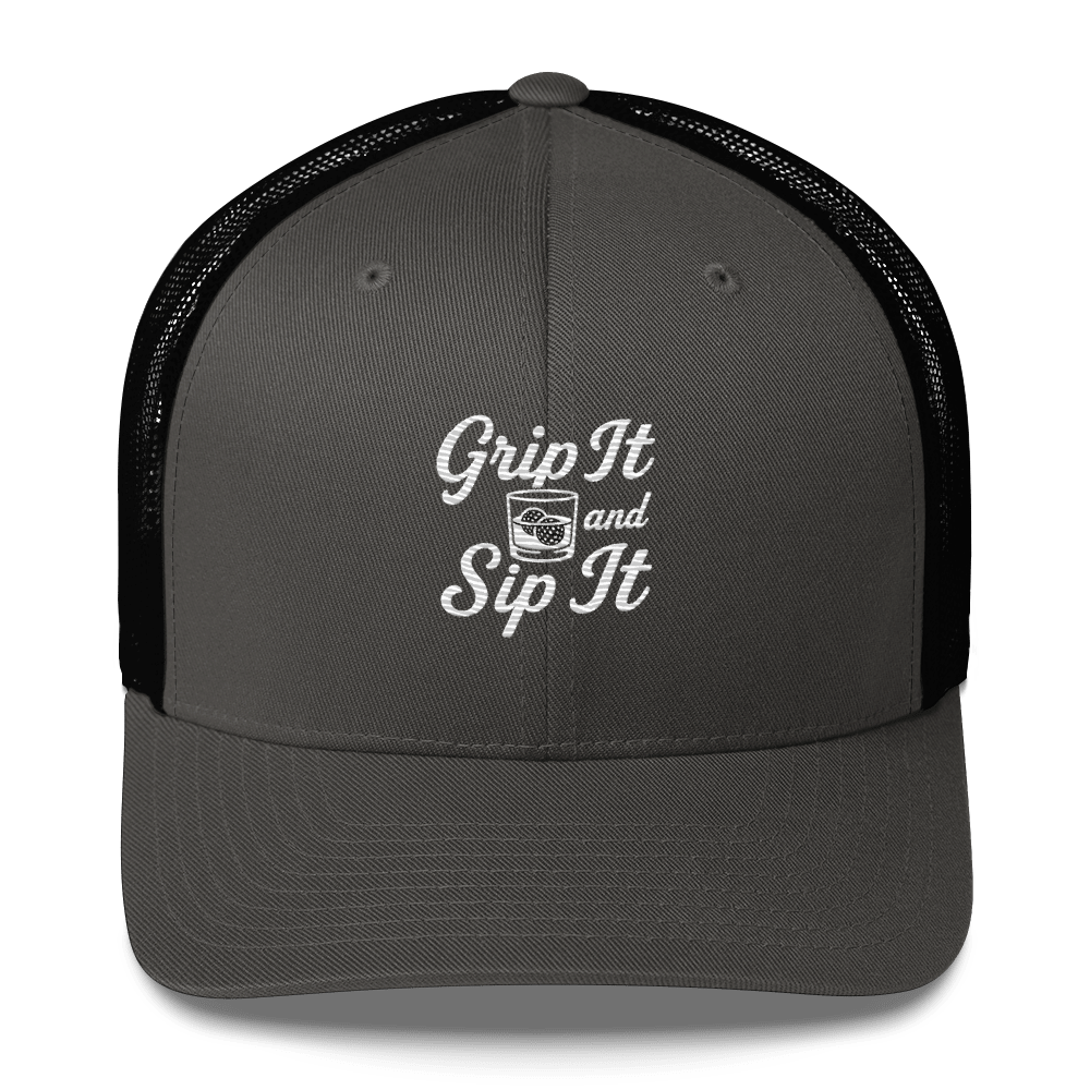 Grip It and Sip It Trucker Hat – Classic Golf Style with a Twist - Charcoal/ Black - Club Rehab
