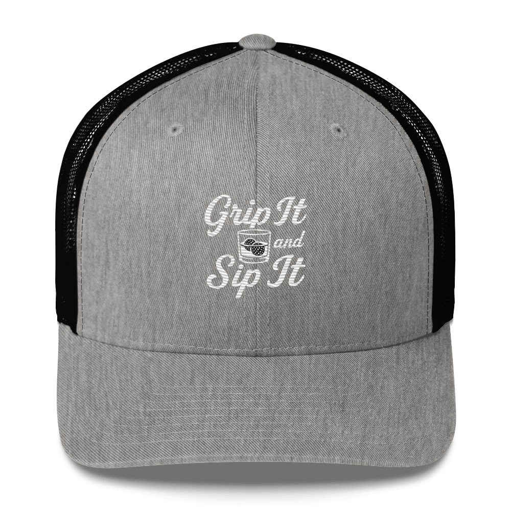 Grip It and Sip It Trucker Hat – Classic Golf Style with a Twist - Heather/ Black - Club Rehab