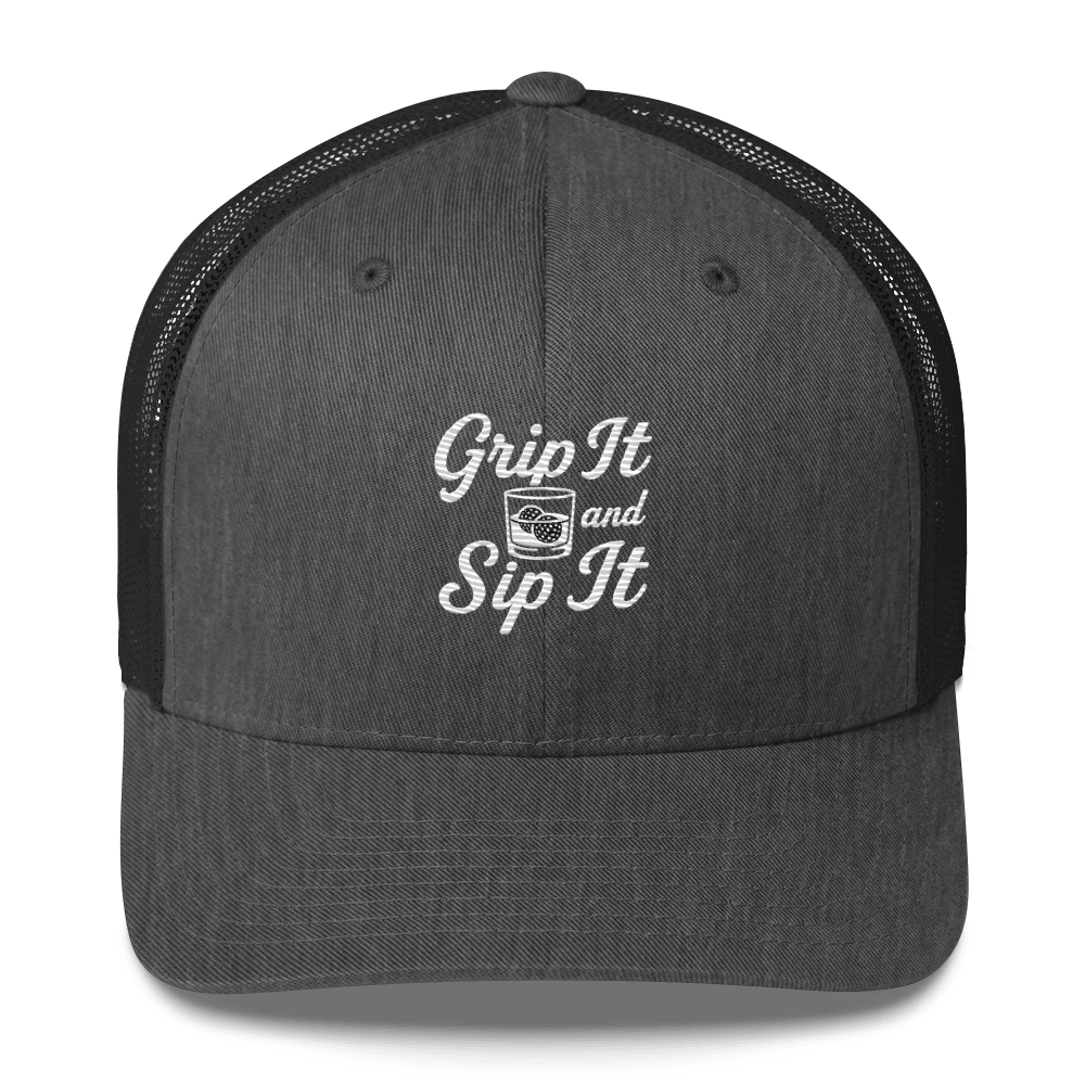 Grip It and Sip It Trucker Hat – Classic Golf Style with a Twist - Dark Heather Gray - Club Rehab