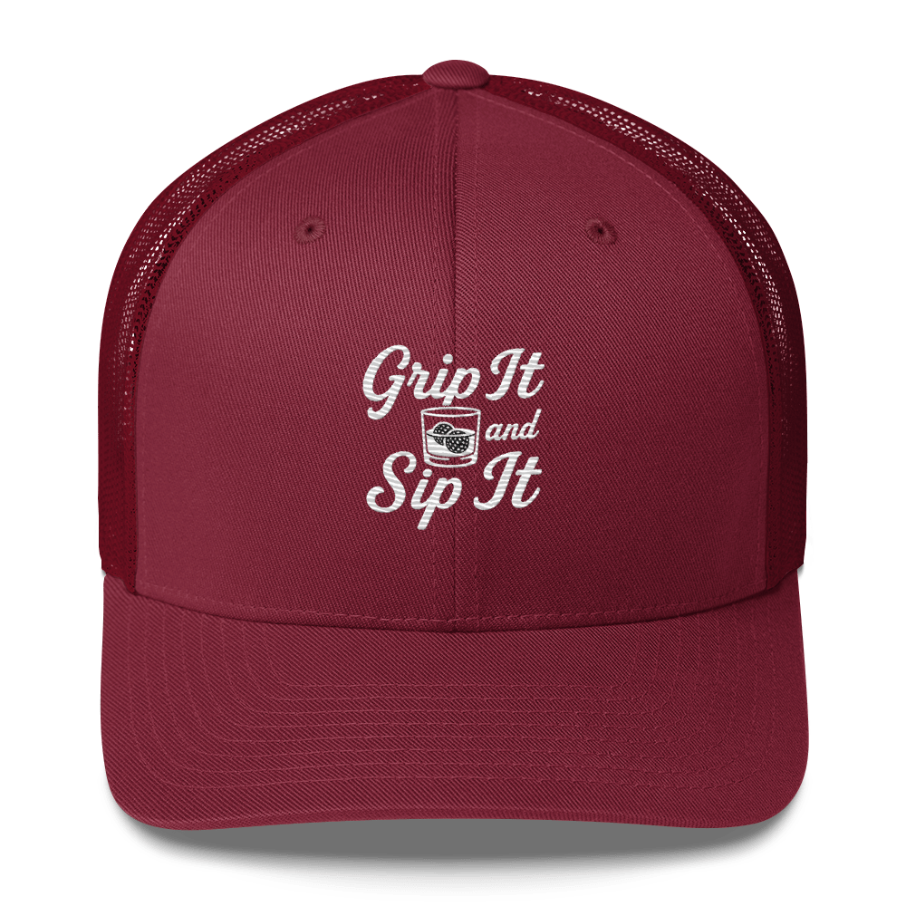 Grip It and Sip It Trucker Hat – Classic Golf Style with a Twist - Cranberry - Club Rehab