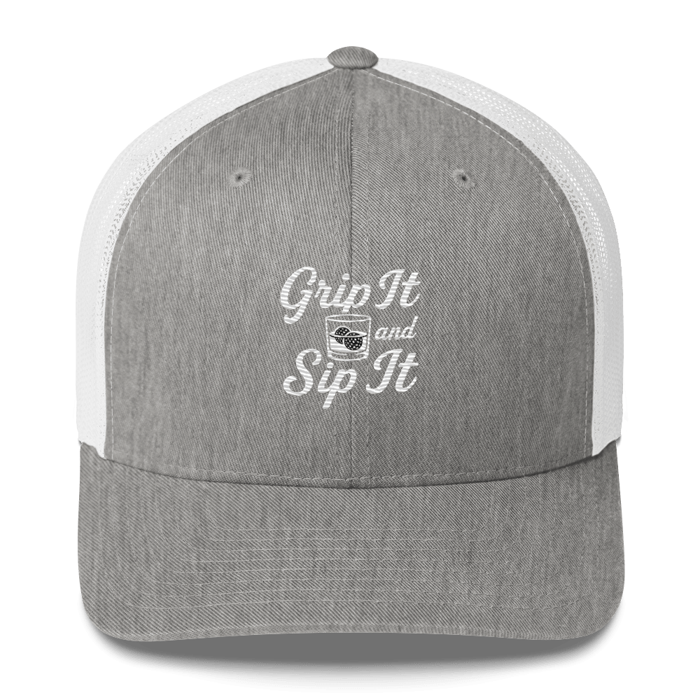 Grip It and Sip It Trucker Hat – Classic Golf Style with a Twist - Heather Grey/White - Club Rehab