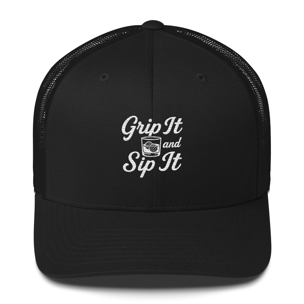 Grip It and Sip It Trucker Hat – Classic Golf Style with a Twist - Black - Club Rehab