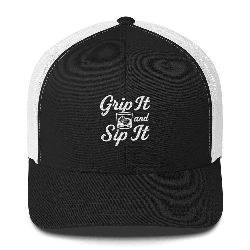 Grip It and Sip It Trucker Hat – Classic Golf Style with a Twist - Black/ White - Club Rehab