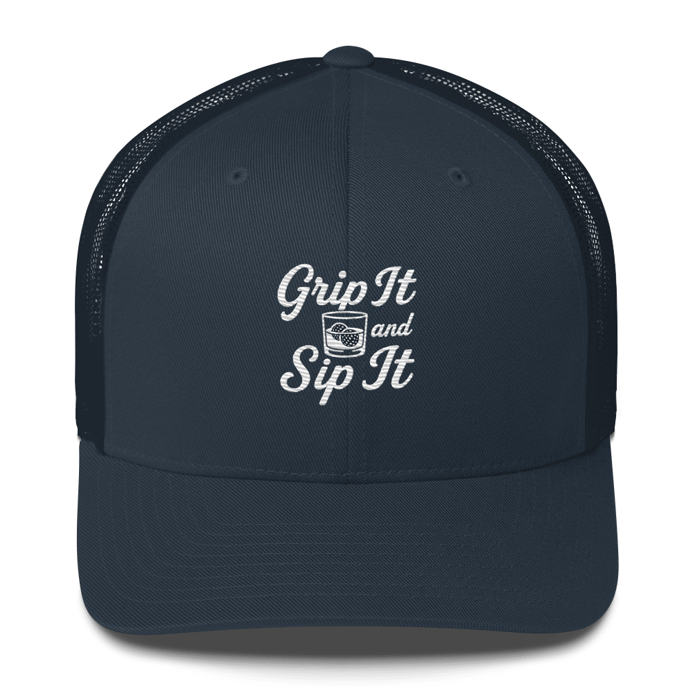 Grip It and Sip It Trucker Hat – Classic Golf Style with a Twist - Navy - Club Rehab