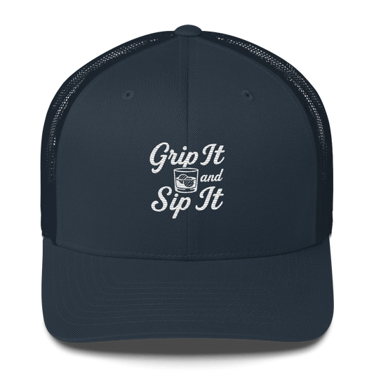 Grip It and Sip It Trucker Hat – Classic Golf Style with a Twist - Navy - Club Rehab