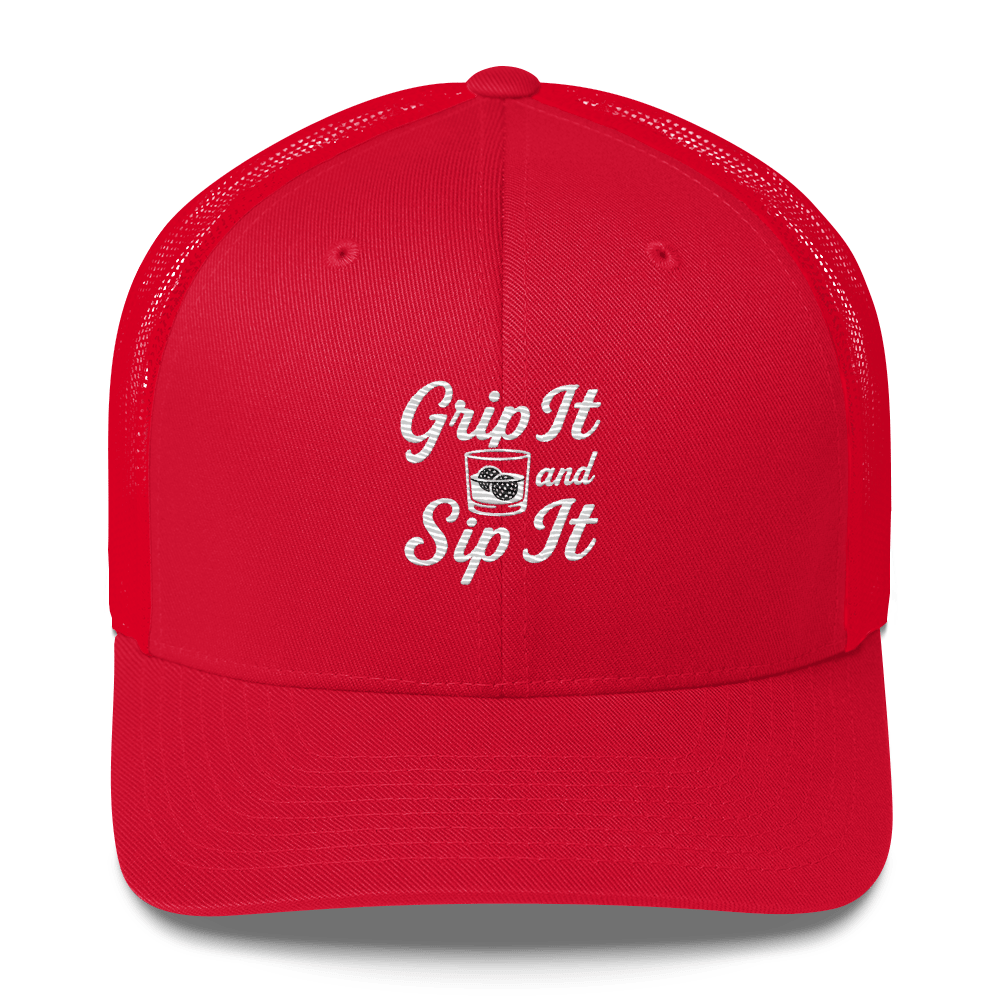 Grip It and Sip It Trucker Hat – Classic Golf Style with a Twist - Red - Club Rehab
