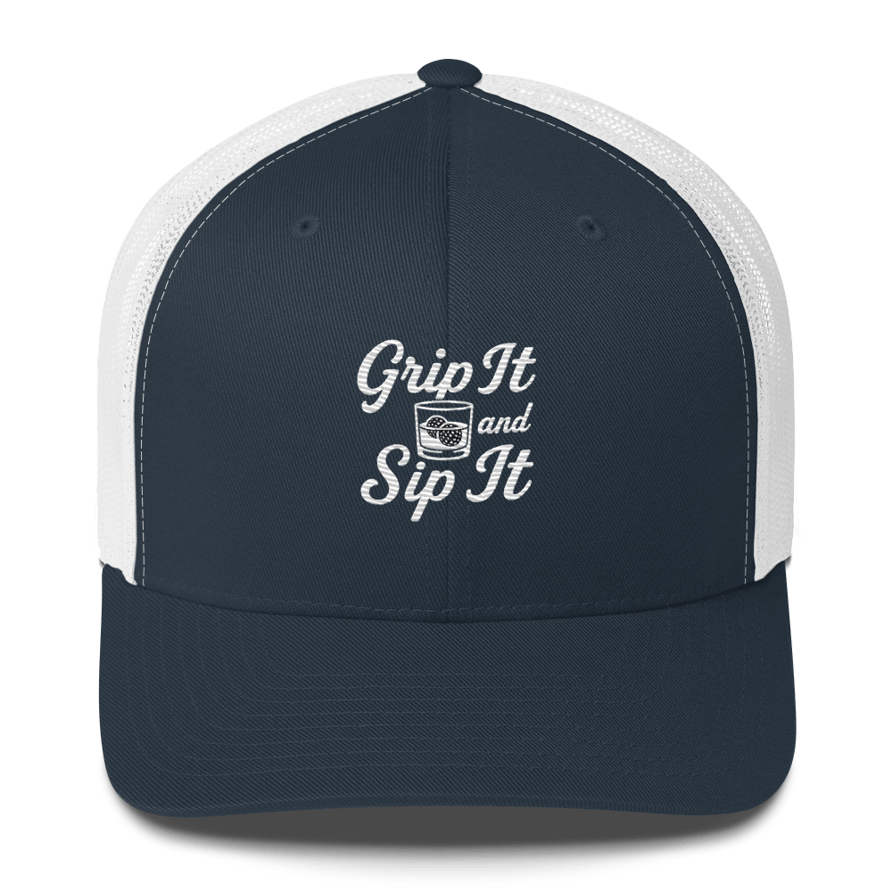 Grip It and Sip It Trucker Hat – Classic Golf Style with a Twist - Navy/ White - Club Rehab
