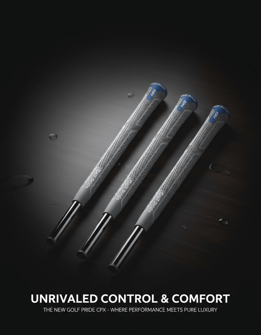 Three golf grips with textured design on a dark surface, featuring text about Golf Pride CPX.
