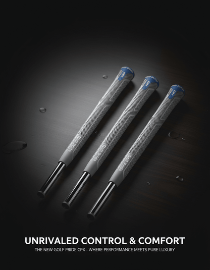 Three golf grips with textured design on a dark surface, featuring text about Golf Pride CPX.