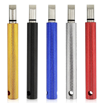 GrooveMaster Pro Golf Club Sharpener - Club Rehab - Golf ToolsFirebird Red A lineup of five vibrant golf club groove sharpeners, each featuring a textured aluminum alloy handle for a secure grip. From left to right, the colors are gold, black, blue, silver, and red. The sharpeners have sleek, cylindrical designs and exposed sharpening heads, showcasing their precision - crafted build and stylish appearance.