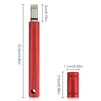 GrooveMaster Pro Golf Club Sharpener - Club Rehab - Golf ToolsElectric BlueA detailed image of a golf club groove sharpener in Firebird Red, showcasing its dimensions. The sharpener measures 10.3 cm (4.06 inches) in length and 2 cm (0.79 inches) in width. The detachable cap measures 2.5 cm (0.98 inches) in height and 1.1 cm (0.43 inches) in diameter. The textured aluminum alloy handle provides a secure grip, while the sleek cylindrical design ensures precision and ease of use.