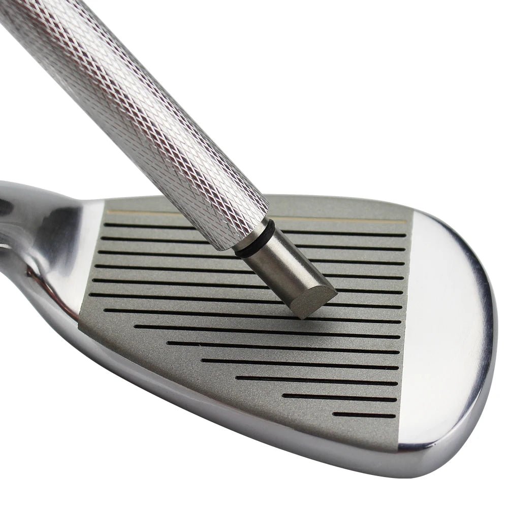 GrooveMaster Pro Golf Club Sharpener - Club Rehab - Golf ToolsElectric BlueA close - up image of a golf club groove sharpener in Platinum Silver being used to clean the grooves of a golf club. The textured aluminum alloy handle provides a secure grip, while the precision - crafted sharpening head ensures effective cleaning and sharpening of the grooves. The sleek design and durable construction are evident, highlighting the tool's functionality and stylish appearance.