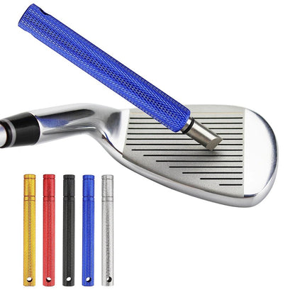 GrooveMaster Pro Golf Club Sharpener - Club Rehab - Golf ToolsElectric BlueA collection of vibrant golf club groove sharpeners is shown, with the primary focus on an electric blue sharpener in action, cleaning the grooves of a golf club. The image also features a lineup of the sharpeners in gold, red, black, blue, and silver, each with a textured aluminum alloy handle and sleek cylindrical design, emphasizing their precision and stylish appearance.