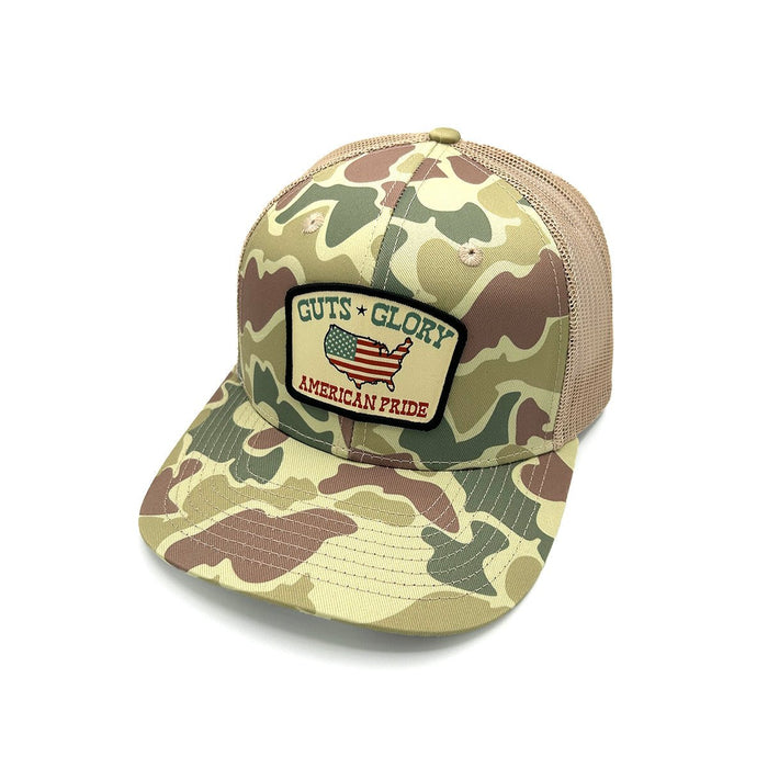 Guts Glory American Pride Woven Patch Hat - Curved Bill Snapback Safari Duck Camo / Tan - Club Rehab