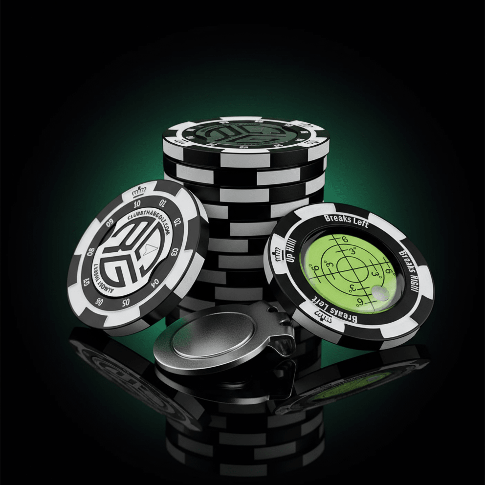 Poker chips with checkered design and green display on a reflective surface