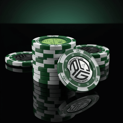 Stack of green and white poker chips with a logo on a reflective surface.