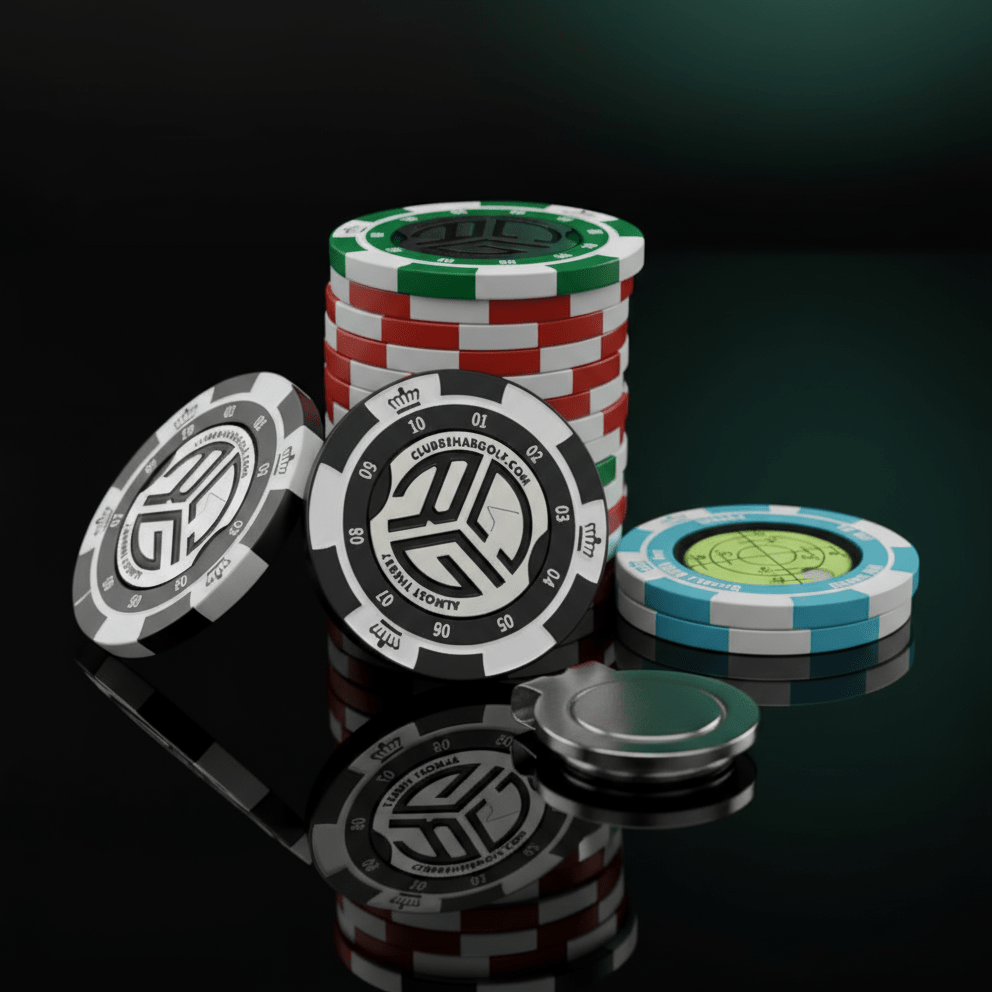 Poker chips with a distinctive logo on a reflective surface