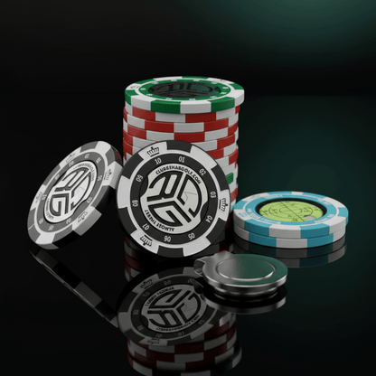Poker chips with a distinctive logo on a reflective surface
