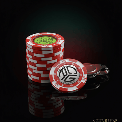 Stack of red and white poker chips with a branded chip on a black background, featuring 'Club Rehab' branding.
