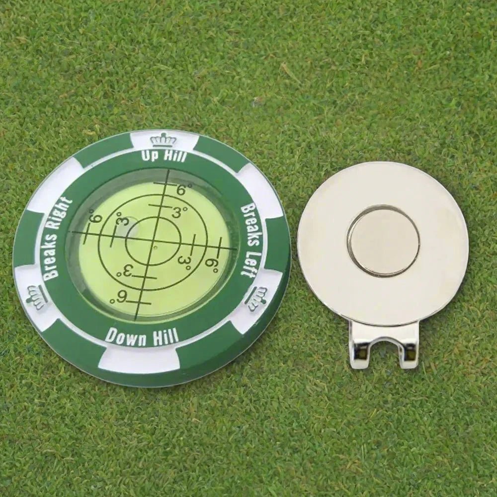 Hat - Trick Golf Level Marker Clip - Club Rehab - Hat ClipLevel - Up Green: For when you want to take your game to the next level, one putt at a time.A Level - Up Green golf level marker placed on the putting green, demonstrating its use in measuring slope and aiding in accurate putting.