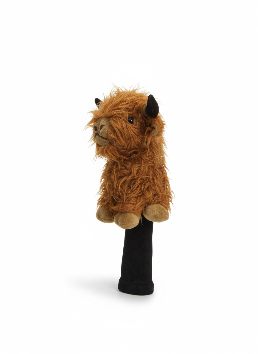 Plush highland cow side view on a white background