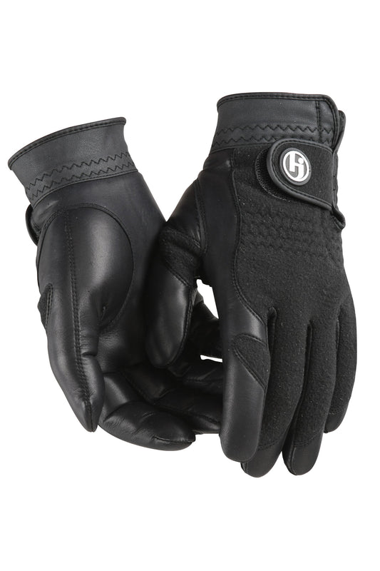 Pair of black HJ Winter Performance Golf Gloves featuring a textured Cabretta leather palm and adjustable Velcro wrist strap.