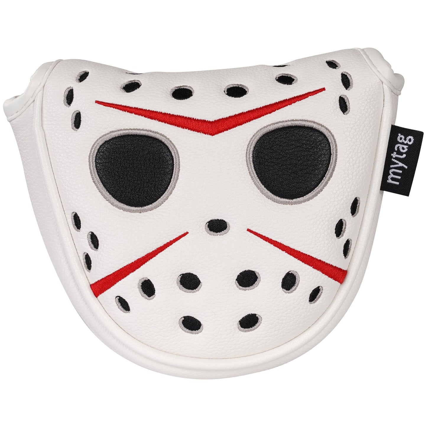 Golf club head cover with hockey mask design on a white background
