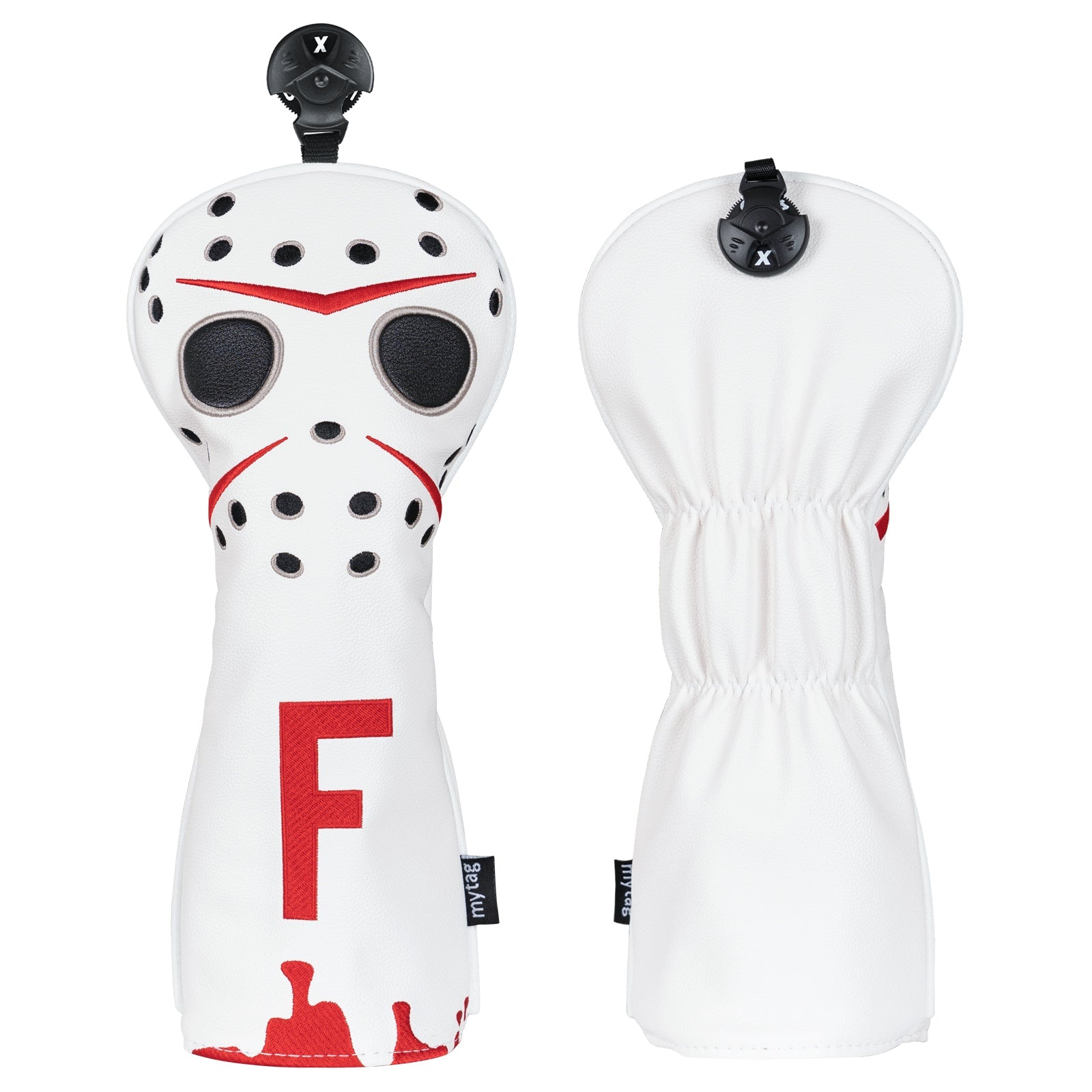Golf club head cover with a white and red design on a white background