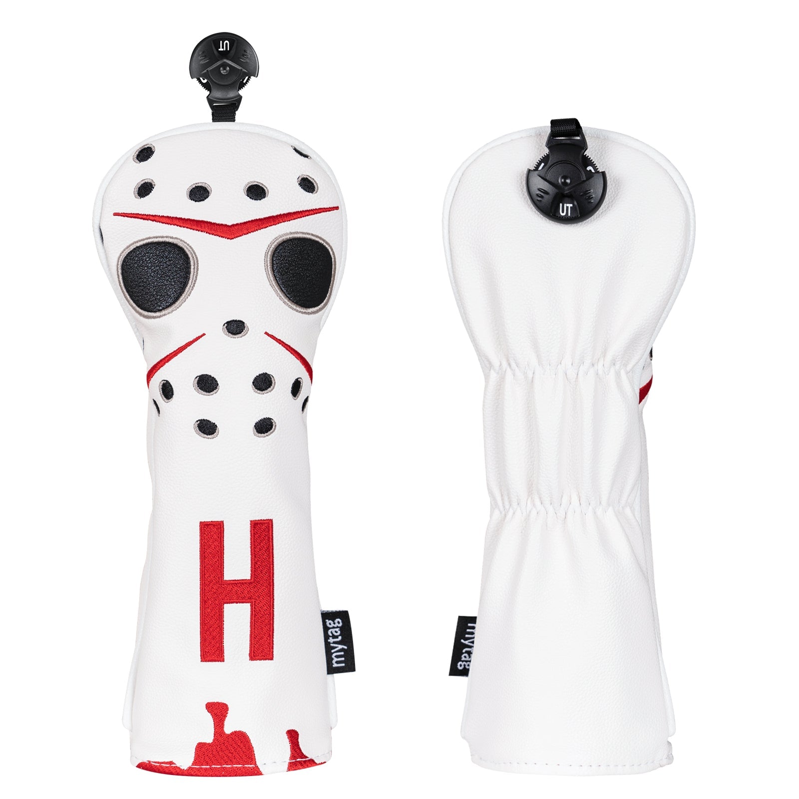 Two white golf club heads with red and black accents on a white background