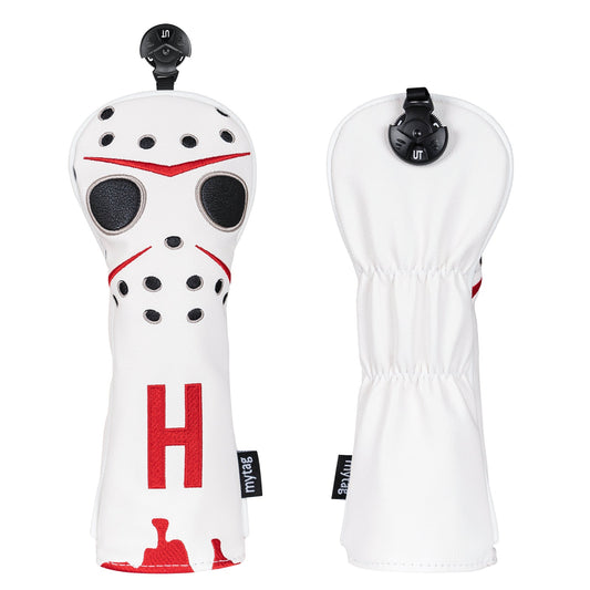 Two white golf club heads with red and black accents on a white background