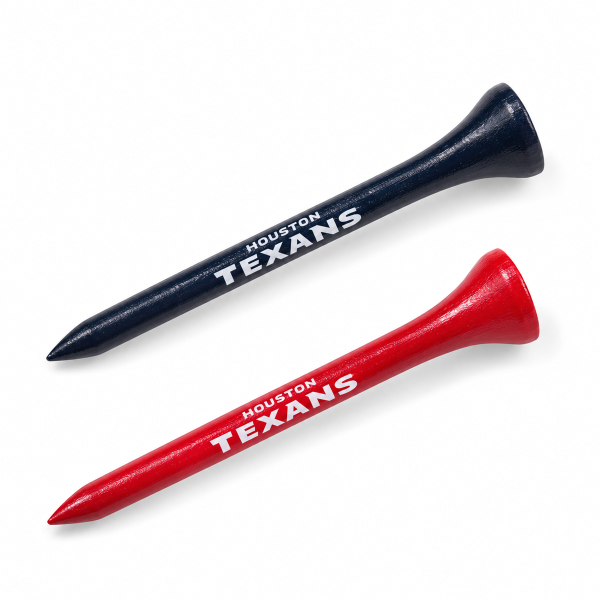 Houston Texans golf tees in navy and red with team lettering.