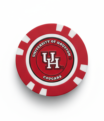 Red and white poker chip with a logo on a white background