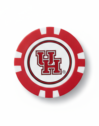 Red and white poker chip with 'UH' logo on a white background