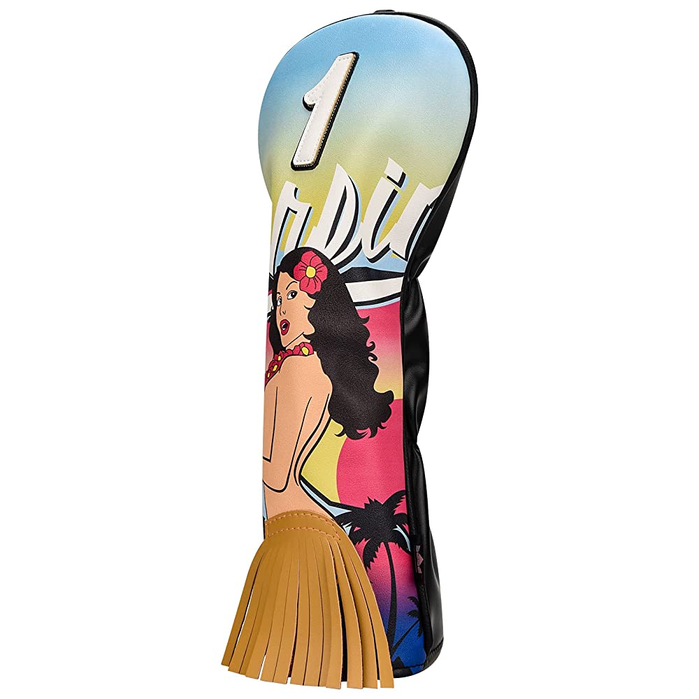 Golf club head cover with a tropical design featuring a woman in a hula outfit on a white background.