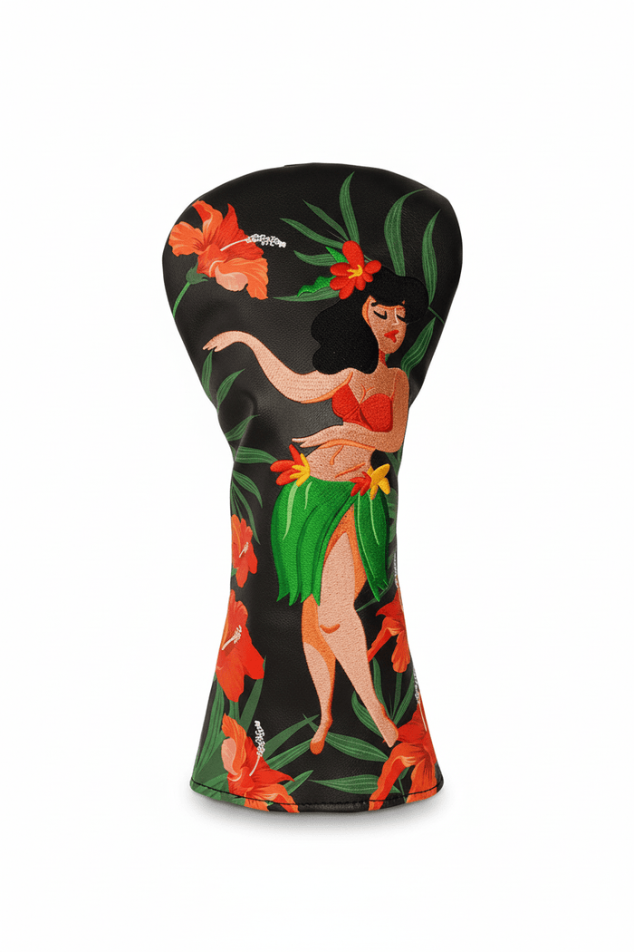 Tropical-themed golf club head cover with a design of a woman and flowers on a black background.