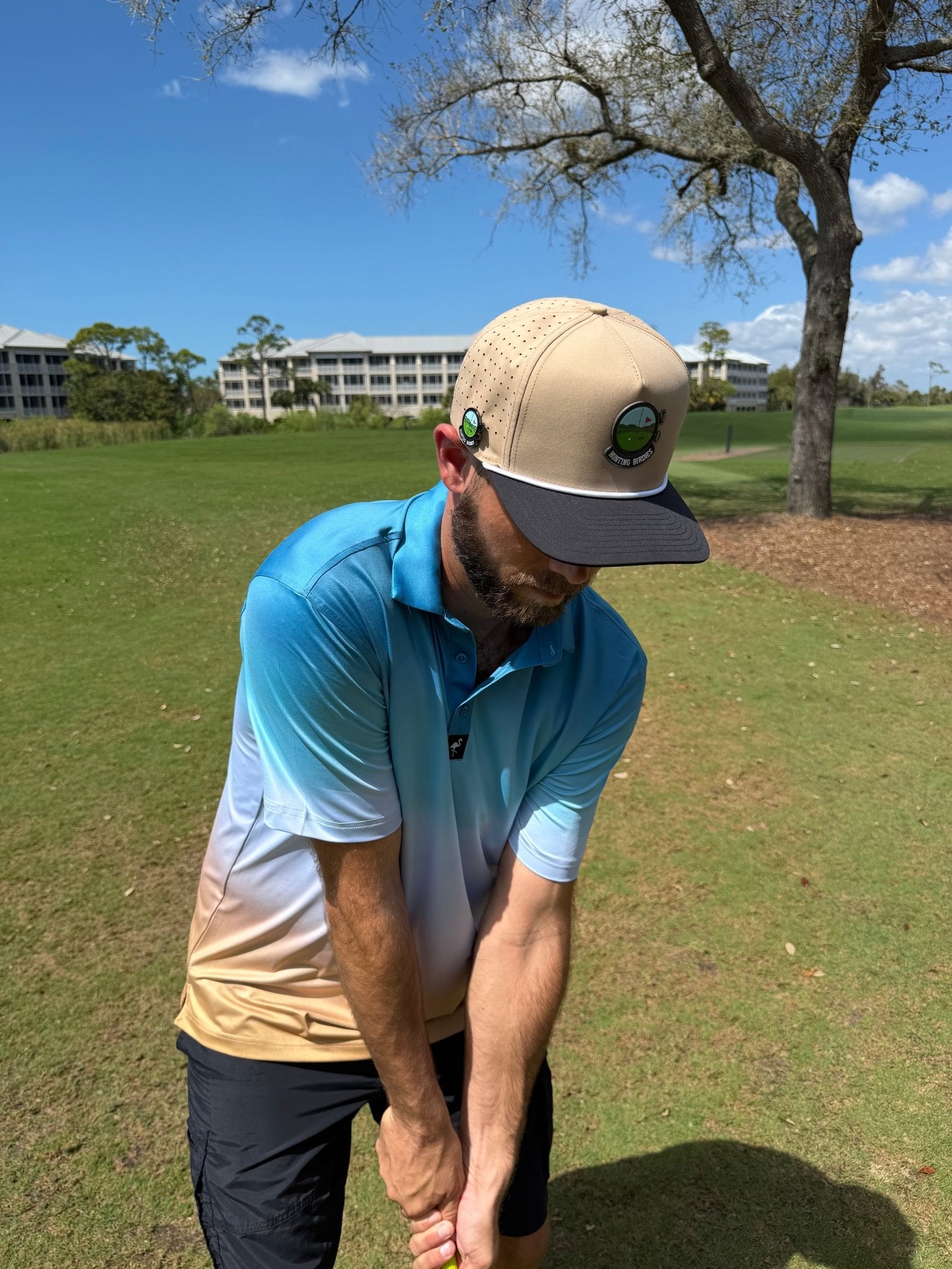 Hunting Birdies Golf Hat | Snapback Cap | Built-in Magnetic Ball Marker Holder + Marker Included | Adjustable Tan & Black - Club Rehab