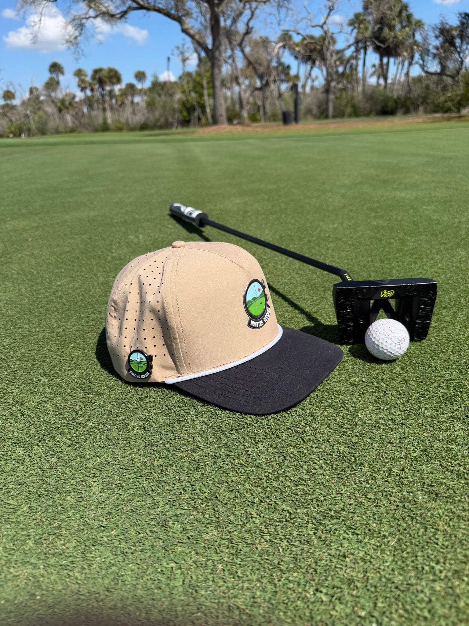 Hunting Birdies Golf Hat | Snapback Cap | Built-in Magnetic Ball Marker Holder + Marker Included | Adjustable Tan & Black - Club Rehab