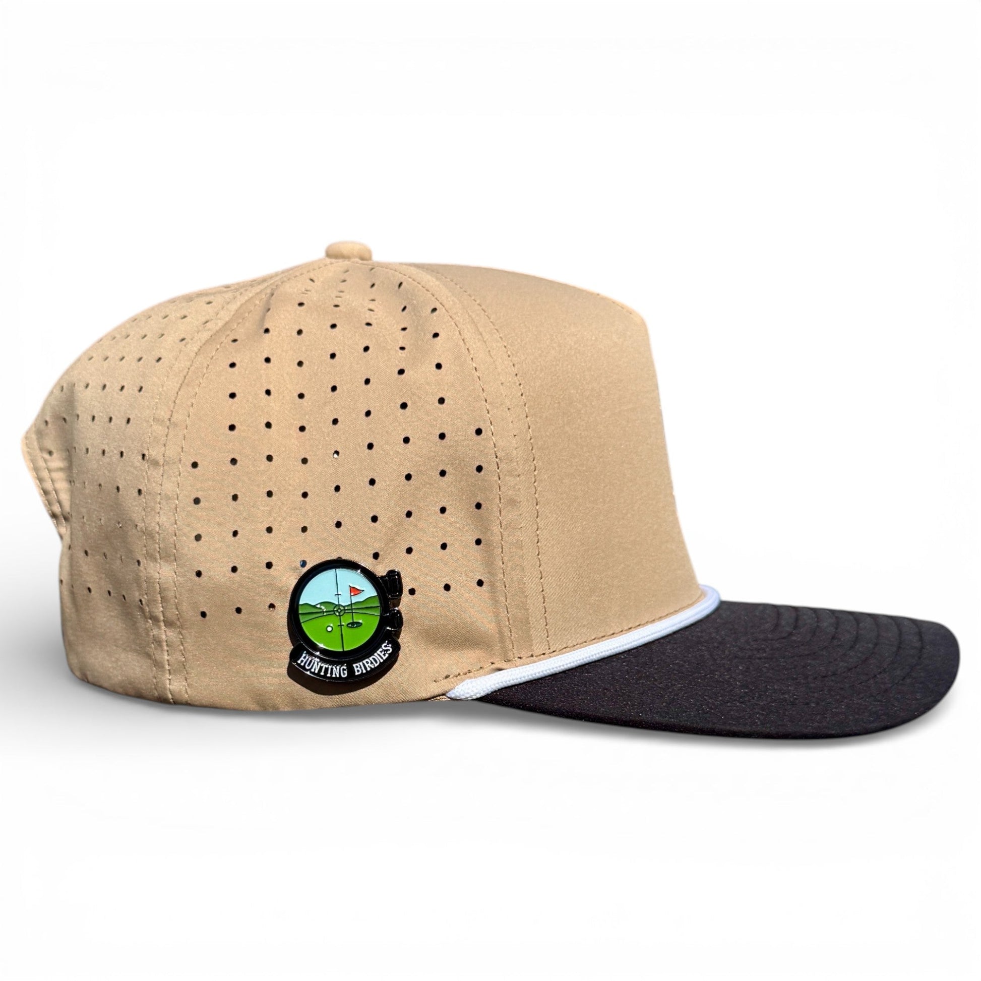 Hunting Birdies Golf Hat | Snapback Cap | Built-in Magnetic Ball Marker Holder + Marker Included | Adjustable Tan & Black - Club Rehab