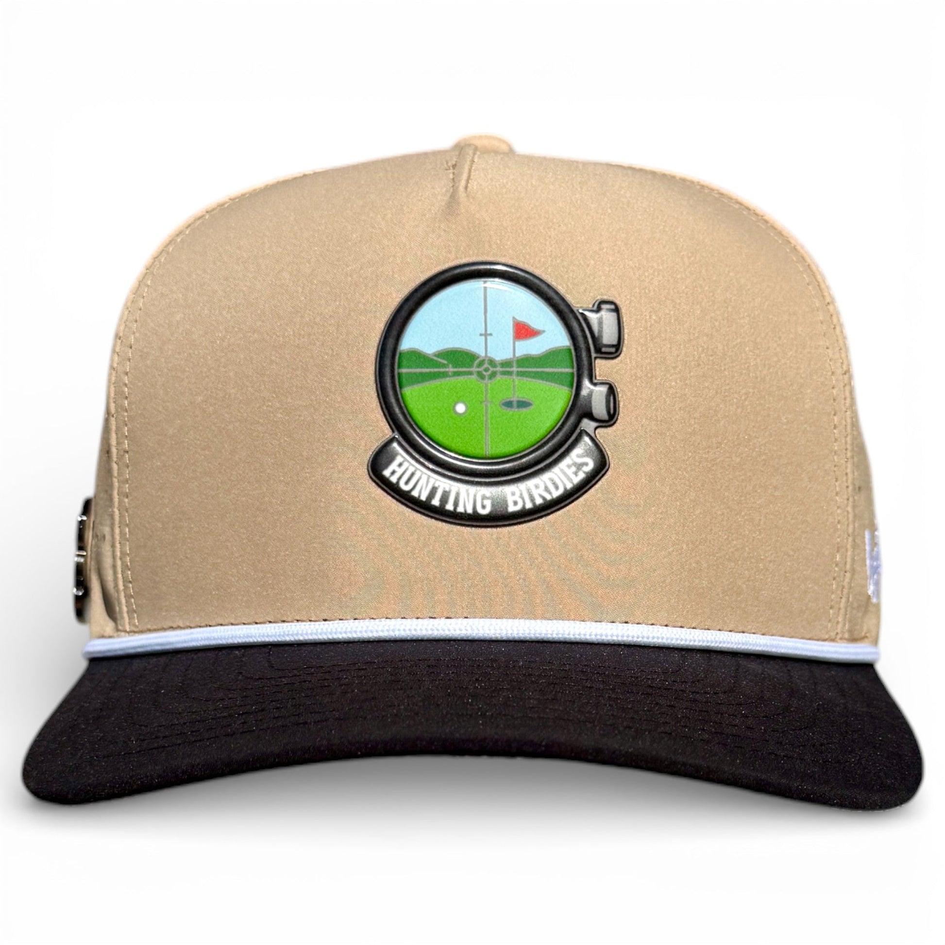 Hunting Birdies Golf Hat | Snapback Cap | Built-in Magnetic Ball Marker Holder + Marker Included | Adjustable Tan & Black - Club Rehab