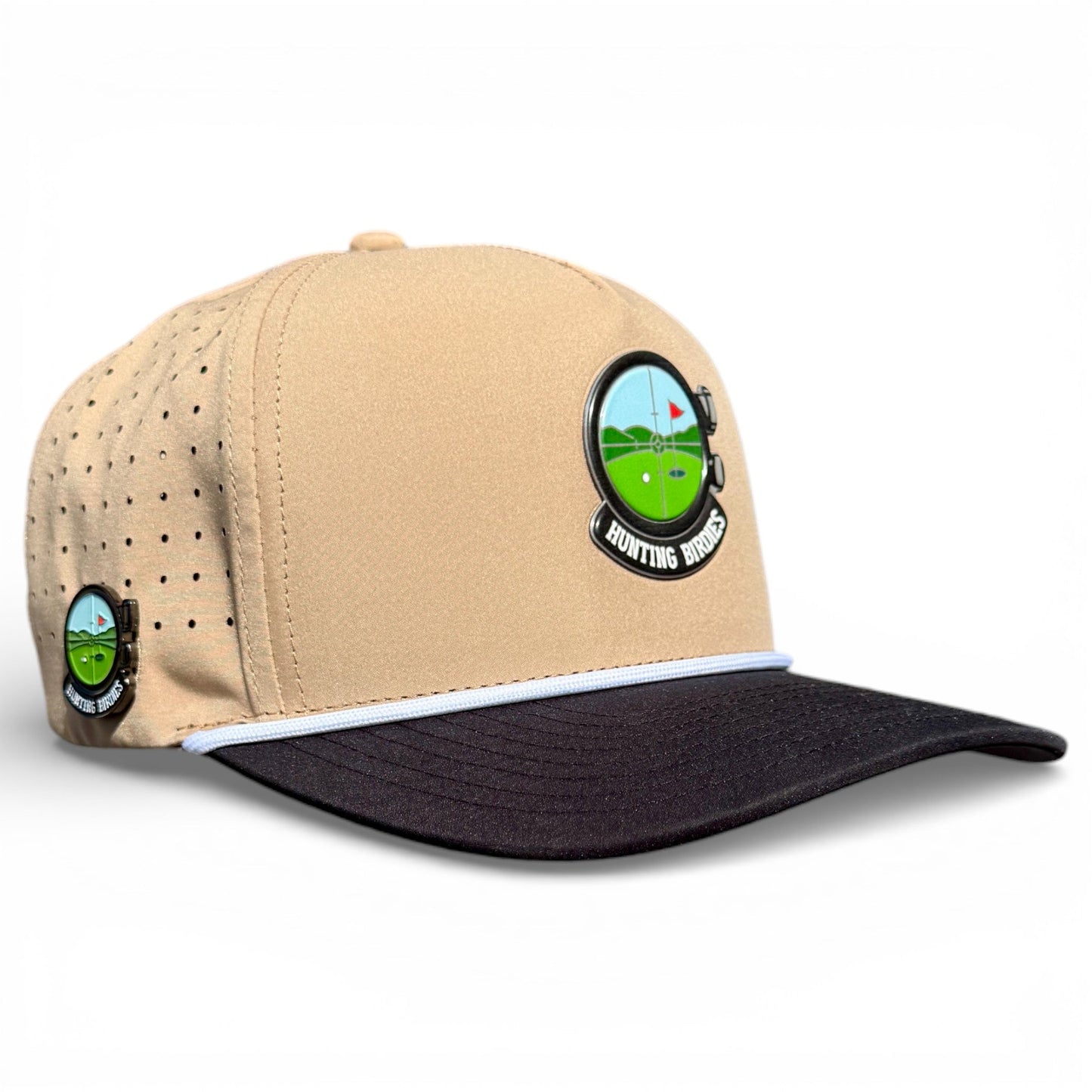 Hunting Birdies Golf Hat | Snapback Cap | Built-in Magnetic Ball Marker Holder + Marker Included | Adjustable Tan & Black - Club Rehab