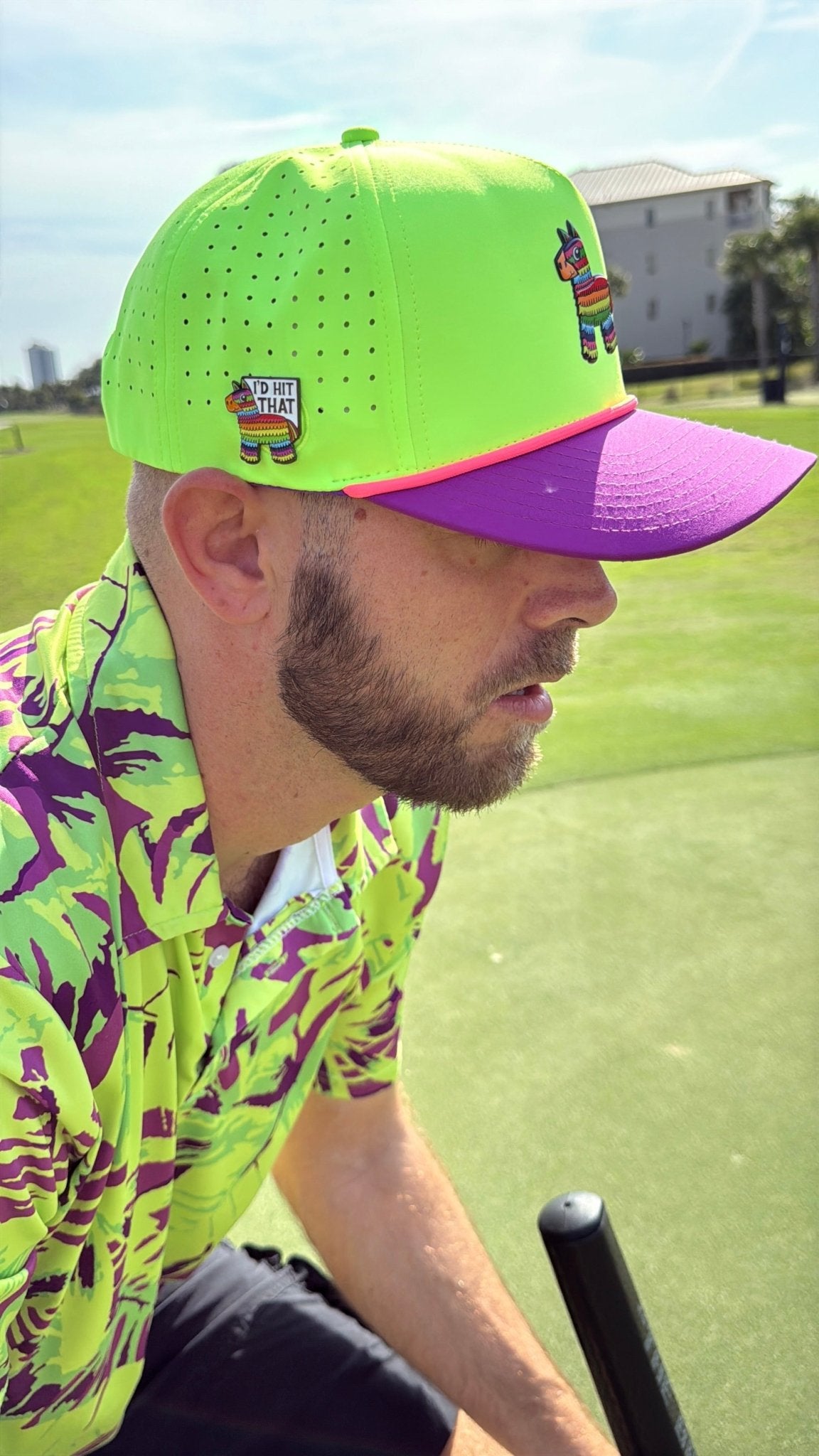 I'd Hit That Piñata Golf Hat | Snapback Cap | Built - in Magnetic Ball Marker Holder + Marker Included | Adjustable | Llama Multicolor - Club Rehab