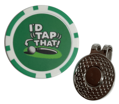 Green golf ball marker with 'I'd Tap That!' text and a metal clip on a white background