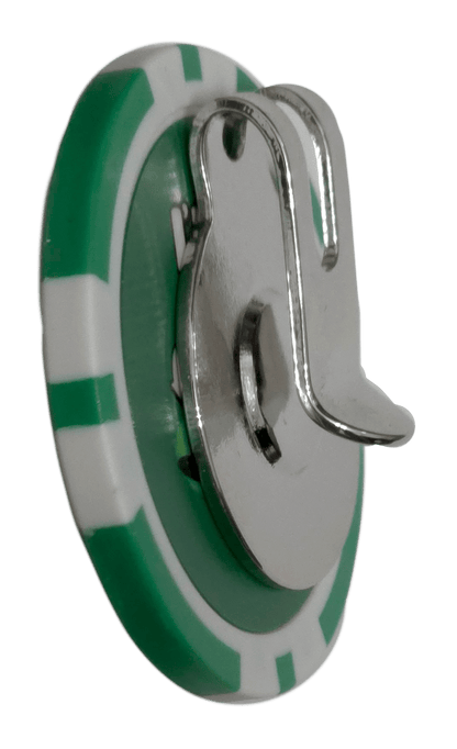 Green and silver plastic hook on a white background