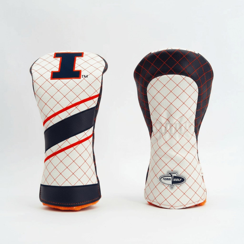 Two golf club head covers with grid pattern and brand logos on a white background