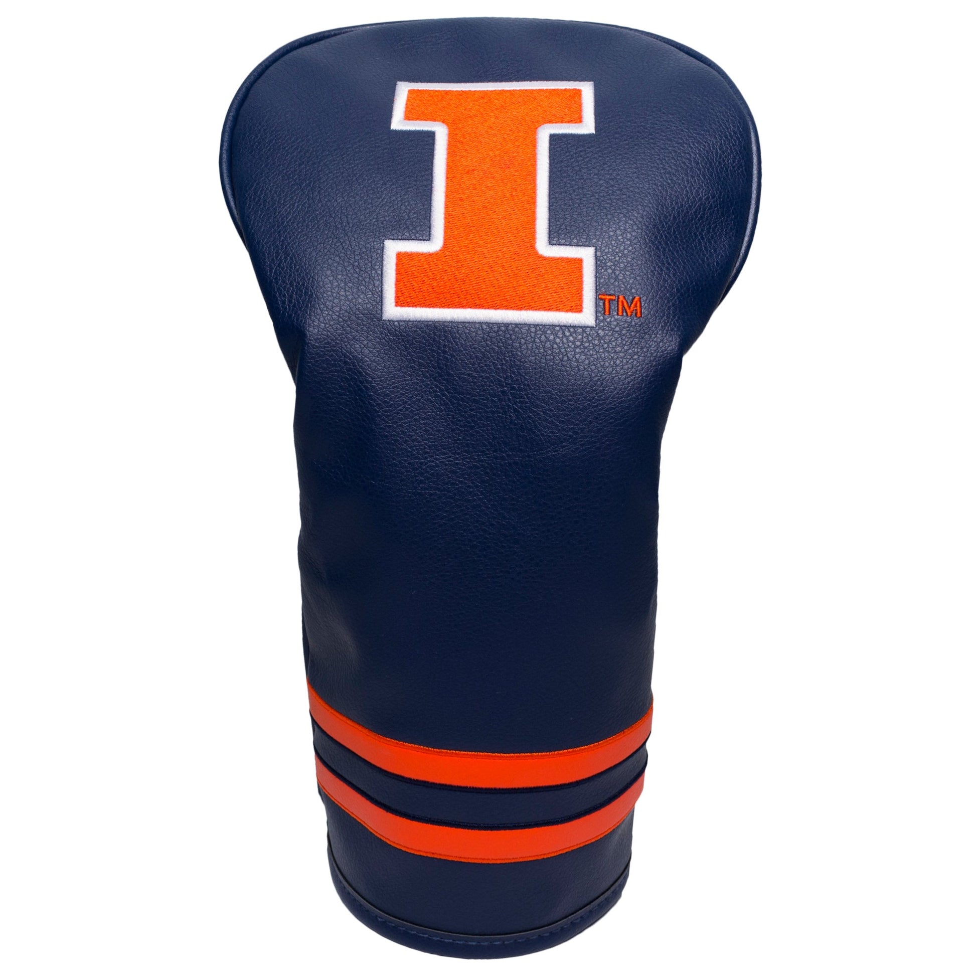 Navy blue golf club head cover with orange 'I' logo on a white background