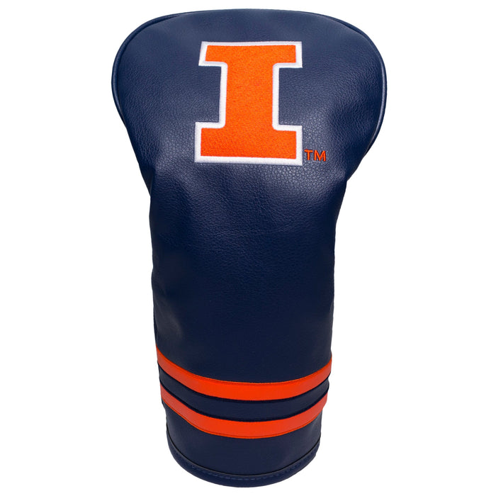 Navy blue golf club head cover with orange 'I' logo on a white background